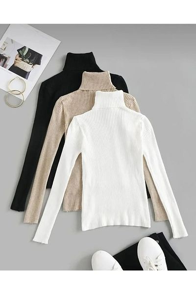 Beybun boutique Pachet de 3 pulover pentru damă, din bumbac, jacquard, cu gât roscat