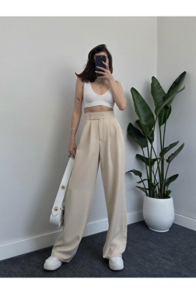 Laluvia Beige Premium Waist Detailed Velcro Wide Leg Trousers - 3393