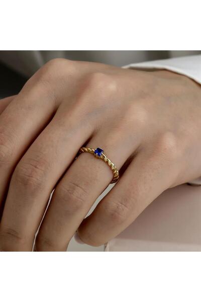 HEMS JEWELLERY Altın Kare Taşlı Halat Kombinlenebilir Minimal Yüzük Mavi