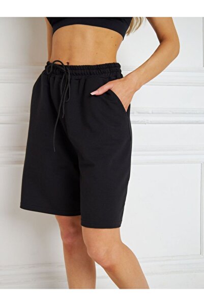 MİSTİRİK Viterbo Model Geniş Kesim Bol Şort Günlük Biker Penye Şort Siyah Renk