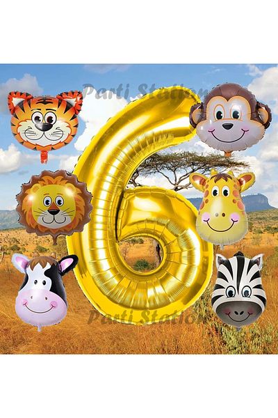 Parti Station Golden Color Number Balloon Safari 6 Years Birthday Party Balloon Set Safari Animals Theme Party Set