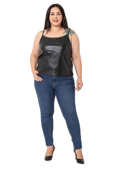 DISENTIS MODEST Plus Size Adjustable Thin Strap Leather Black Blouse with Elastic Back