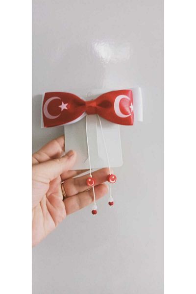 Sare Çocuk Giyim Χειροποίητη σχολική αγκράφα με φιόγκο με θέμα την τουρκική σημαία