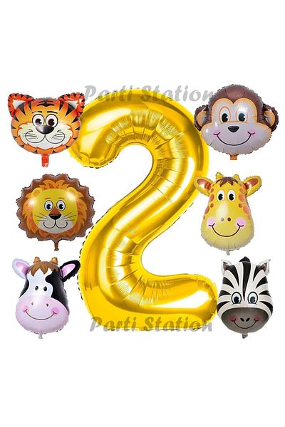 Parti Station Golden Color Number Balloon Safari 2 Year Old Birthday Party Balloon Set Safari Animals Theme Party Set