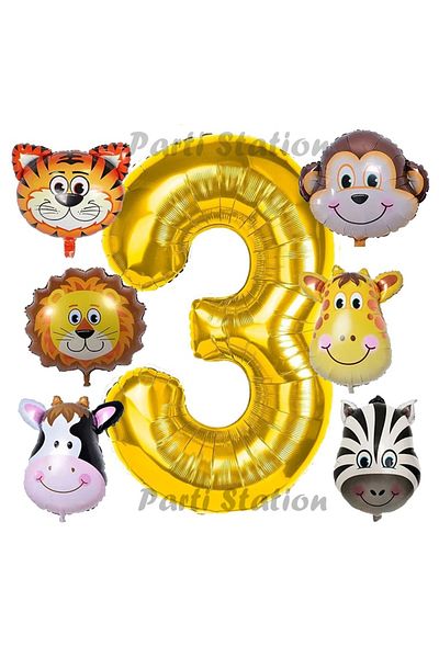 Parti Station Golden Color Number Balloon Safari 3 Year Old Birthday Party Balloon Set Safari Animals Theme Party Set