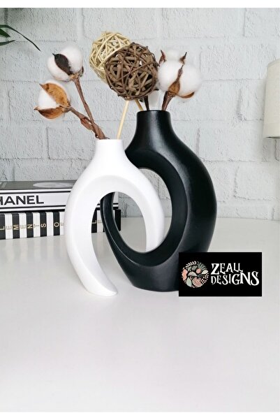 ZEALL DESIGNS Siyah - Beyaz Dekoratif Sarmaşık Sevgili Vazo 2'li Set Modern T...