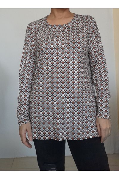 Mertcan Butik Тениска от кафява вискоза с кръгло деколте и шарка от норка