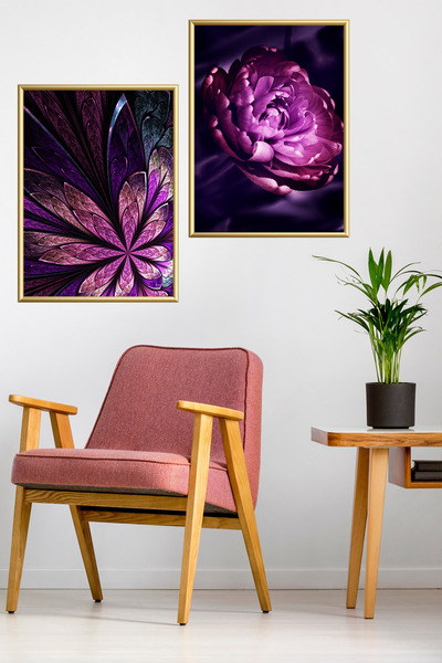 Linacci Set de pictură cu poster cu flori violet cu cadru metalic din aluminiu dublu auriu