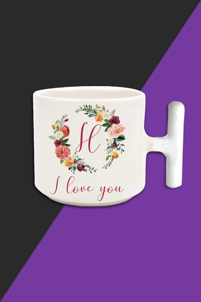 Bytwo كوب لاتيه بلون كريمي بنمط حرف H I Love You - مقبض أبيض