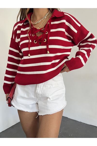 Jose Clothing Pulover de damă, cu mânecă lungă, cu dungi și cu ochi, cu guler polo