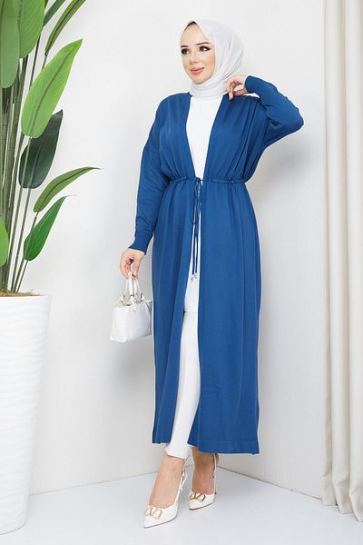 Pamuk Butik Women's Mercerized Waist-Tied Knitwear Cardigan Navy Blue