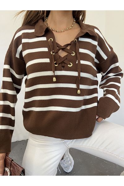 Jose Clothing Дамски трикотажен пуловер с дълги ръкави с райета и капси с яка с поло яка