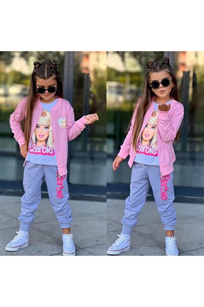 CALİSA Girl's Barbie Cardigan Badi Bottom Tracksuit 3-Piece Bottom and Top Su...