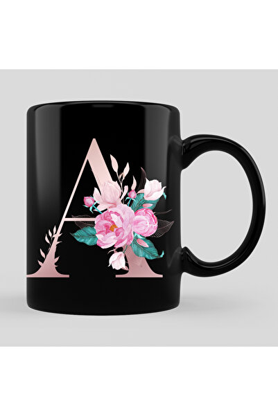 Bytwo كوب على شكل حرف A كوب أسود - زهور وردية 527