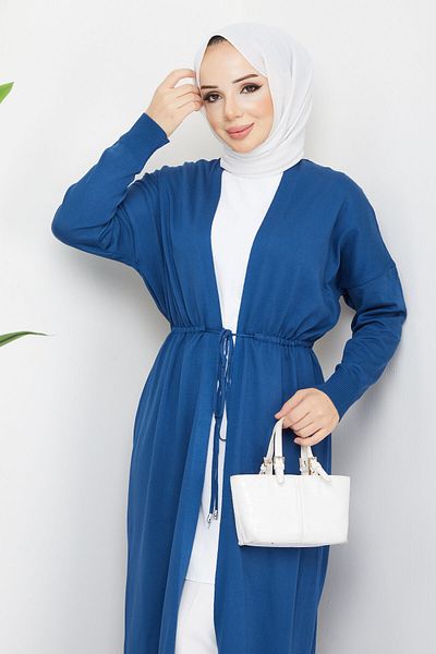 Pamuk Butik Women's Mercerized Waist-Tied Knitwear Cardigan Navy Blue