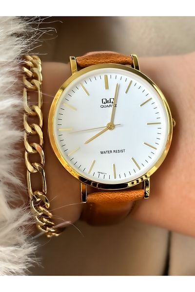 Q&Q Brand BROWN Leather Strap Women's Wristwatch + Bracelet