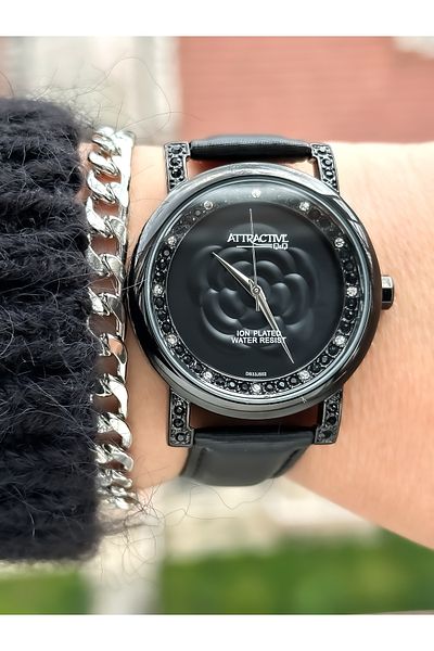 Q&Q Brand Black Leather Band Women's Wristwatch + Bracelet