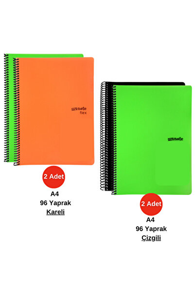 Umur Kırtasiye Mynote Neon A4 96 Sheets Checkered/Lined Spiral Pp Notebook (4 Pieces)