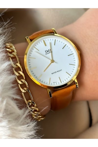 Q&Q Brand BROWN Leather Strap Women's Wristwatch + Bracelet
