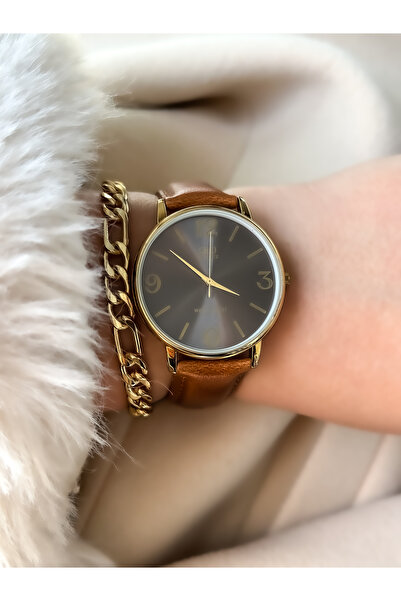 Q&Q Brand BROWN Leather Strap Women's Wristwatch + Bracelet