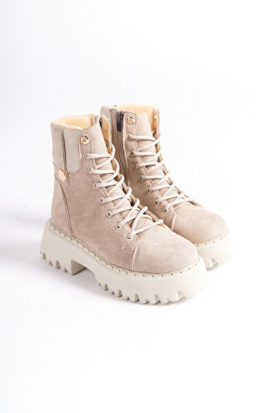 Siwera Kadın bej bağcıklı ve fermuarlı yüksek tabanlı kaydırmaz taban hafif mat deri bot