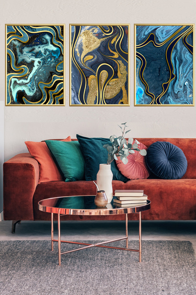 Linacci Set triplu din aur cu model modern de marmură albastră, cu cadru metalic din aluminiu auriu