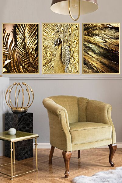 Linacci Üçlü Alüminyum Yatak Odasi Tablo Tavuz Kuşu Cam Gold Çerçeveli Set