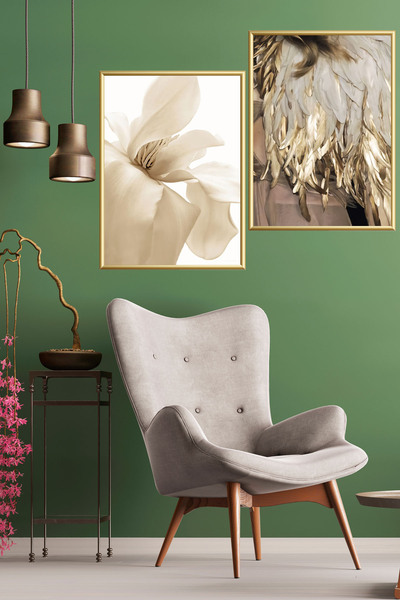 Linacci Ikili Ince Gold Metal Salon Krem Çiçek Cam Çerçeveli Poster Tablo Seti