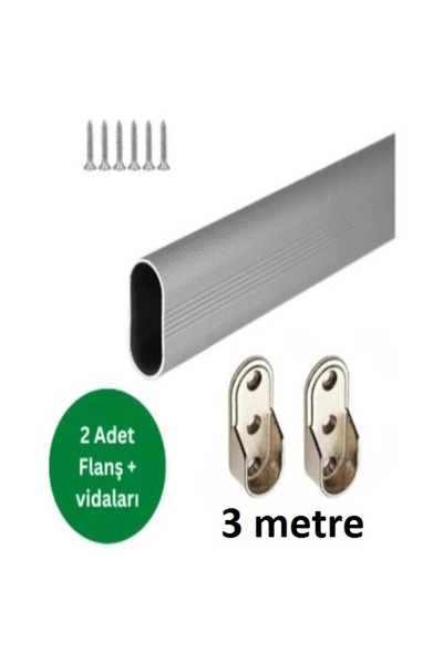 GLRSHOP Oval Alüminyum 0-3m Dolap Içi Askı Borusu 2 Adet METAL Flanş Ve Vidaları