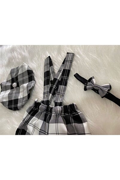 Eylülce Butik BLACK PLAIDED CHILDREN'S STRAP SHORTS SALOPET & RESSAM HAT & BOW TIE SET - CAKE BUMPER- BIRTHDAY