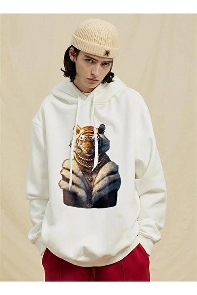 Gofeel Fur Tiger White Colored Hooded Oversize Printed Sweatshirt Eza