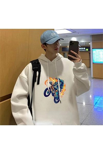 Gofeel Biker Astronaut White Colored Hooded Oversize Printed Sweatshirt Eza