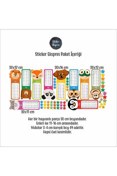 Sticker Ekspres Renkli Hayvanlı Çarpım Tablosu Eğitici Anaokulu Çocuk Odası Kreş Duvar Sticker Seti