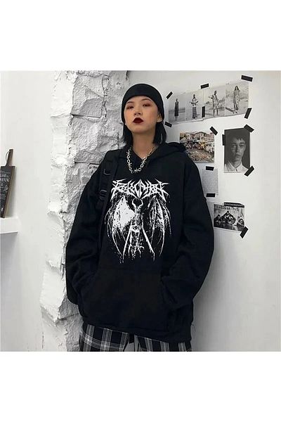Gofeel Unisex Anime Winged Harajuku Skeleton Hooded Black and White Sweatshirt Eza