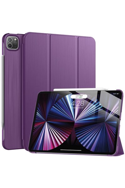 UnDePlus Apple Ipad Pro 12.9 6. Nesil 2022 Kılıf Pu Deri Smart Case A2436 A2437 A2764 A2766 Mor