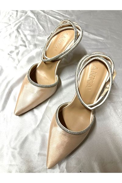TrendyAnka Women's Nude Beige Nude Satin 8 Cm Transparent Heeled Ankle Wrapped Rhinestone Pointed Toe Evening Dress Shoes