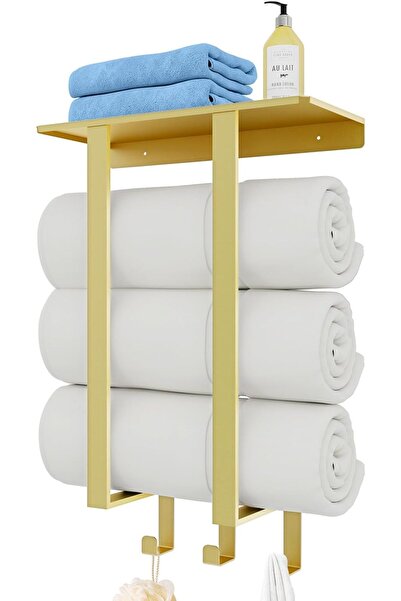 VipDeluXe رف مناشف مع رف للحمام، رف مناشف بيتوم، رف مناشف حمام 50 سم، لون ذهبي