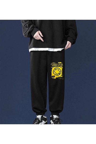 Gofeel Harajuku Rock Series Nirvana Smile Printed Oversize Unisex Black Sweatpants Tech Street