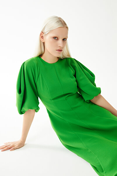 Jus De Pommes GREEN BALLOON SLEEVES PLEATED MIDI DRESS