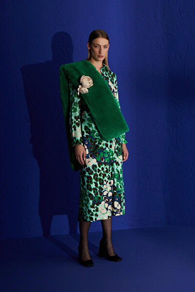 Jus De Pommes YEŞİL DESENLİ GÖMLEK YAKA YIRTMAÇLI MİDİ BOY ELBİSE