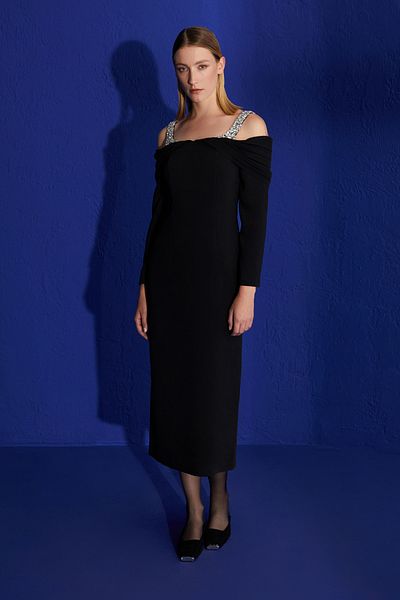 Jus De Pommes BLACK MADONNA COLLAR STONE EMBROIDERED LONG SLEEVE MIDI DRESS