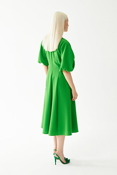 Jus De Pommes GREEN BALLOON SLEEVES PLEATED MIDI DRESS