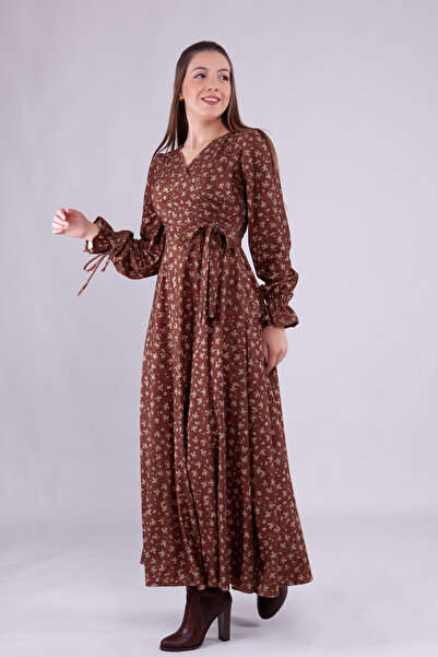 NO48 Kahve Çiçek Desenli Maxi Boy Kadife Kumaş Uzun Kol Elbise