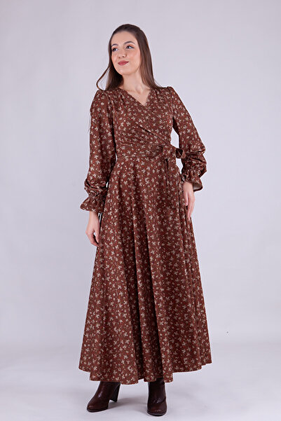 NO48 Kahve Çiçek Desenli Maxi Boy Kadife Kumaş Uzun Kol Elbise