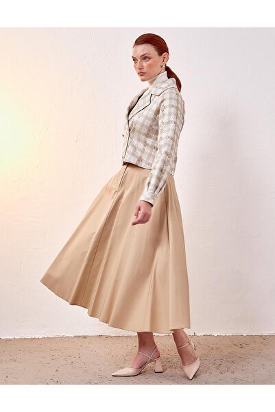 Kayra Ekoseli Crop Ceket Kum