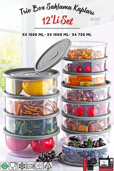 Open Home Concept Set of 12 Round Microwave & Freezer Compatible Trio Storage Container X4 0.75 Lt/1 Lt/1.5 Lt
