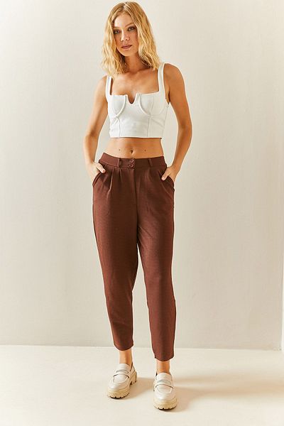 XHAN Braune, lockere Hose mit Abnähernähten 3YXK5-47561-18
