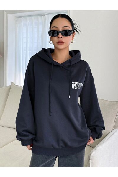 Benisengiydir Női Cherish Time nyomtatott túlméretes sötétkék kapucnis pulóver