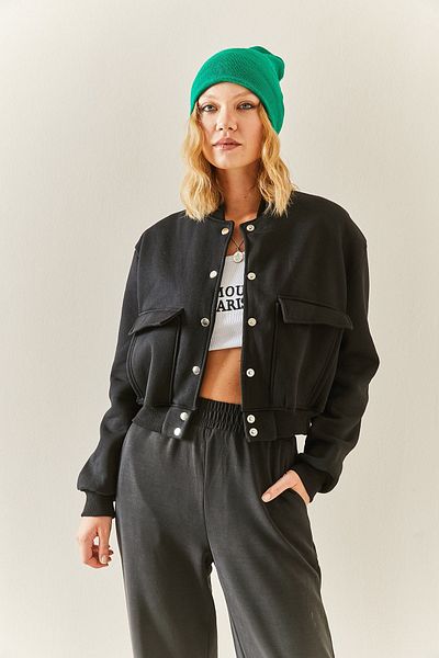 XHAN Schwarze kurze Bomberjacke mit Druckknöpfen 3YXK4-47551-02