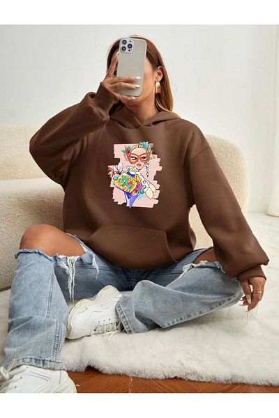 BENROMA Unisex Φούτερ με στάμπα καφέ με κουκούλα
